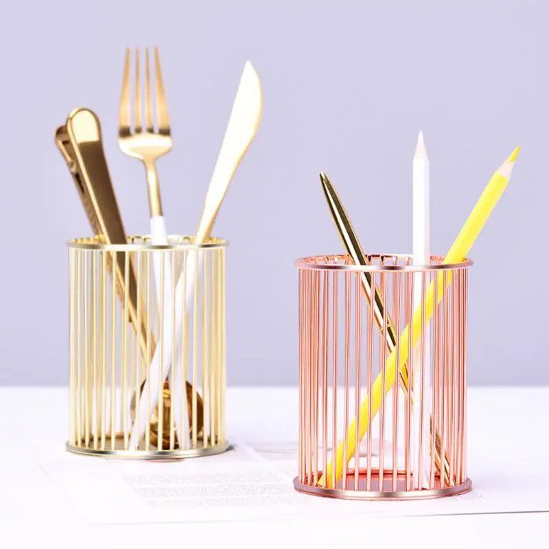 

Gold Round Stick Cylinder Pen Pencil Collection Holder Makeup Brushes Storage Tool Home Office Desk Organizer