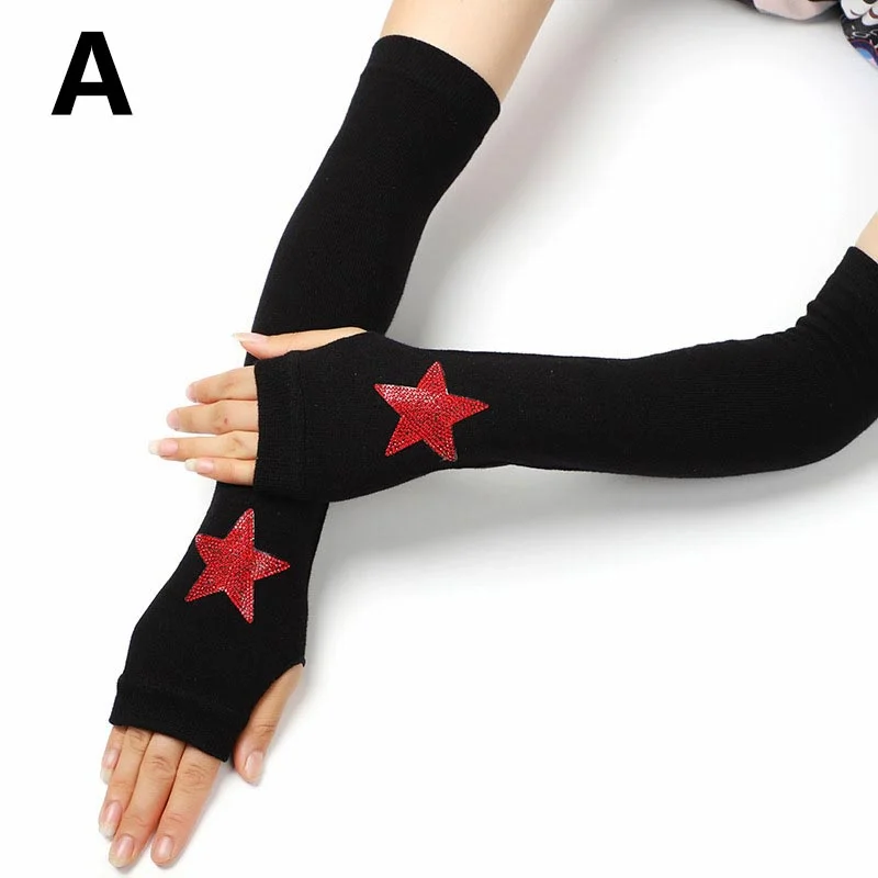 Женские зимние перчатки Стразы вязаные эластичные с открытыми пальцами длинные