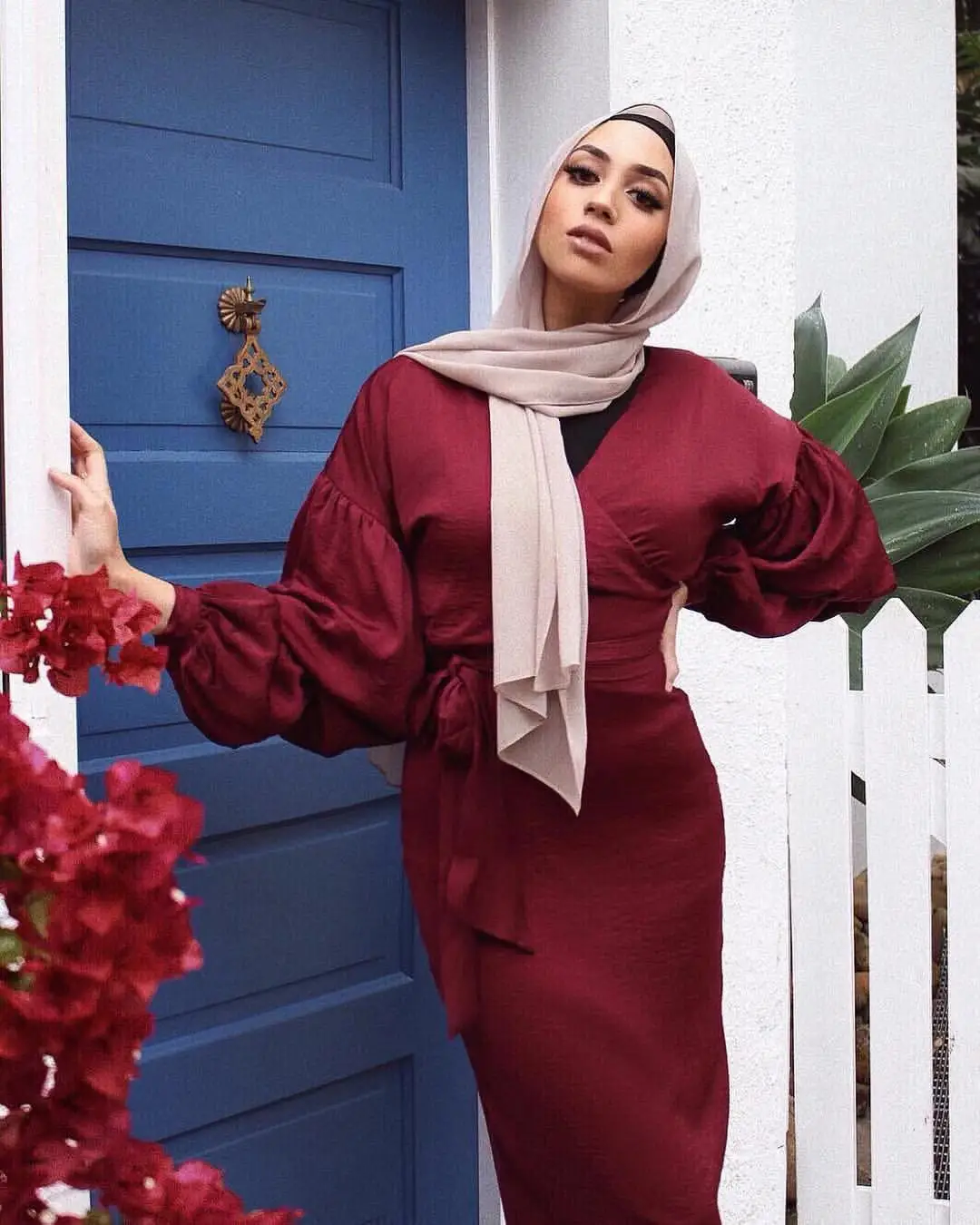 

WEPBEL Dress Long Maxi Women Muslim Abaya Puff Sleeve Long Islamic Dress Sashes Solid Color O Neck