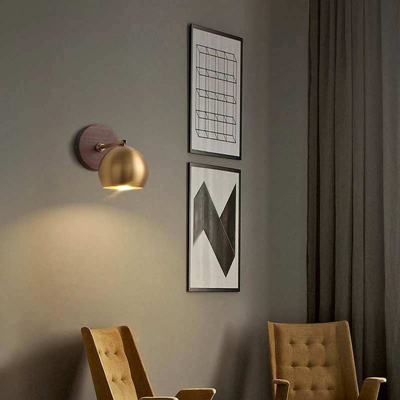 

Nordic simple brass bedside wall lamp black walnut creative lamps living room balcony aisle wall lamp