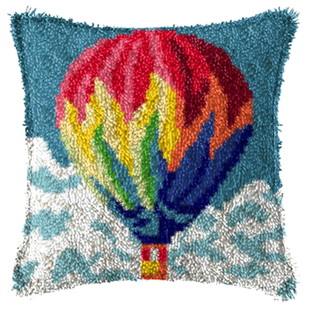 

Latch Hook Kits for DIY Throw Pillow Cover,Colorful Hot Air Balloon Pattern Needlework Cushion Cover Hand Craft