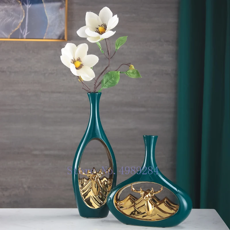 Керамическая ваза с вырезами Современная зеленая ажурная золотым оленем для