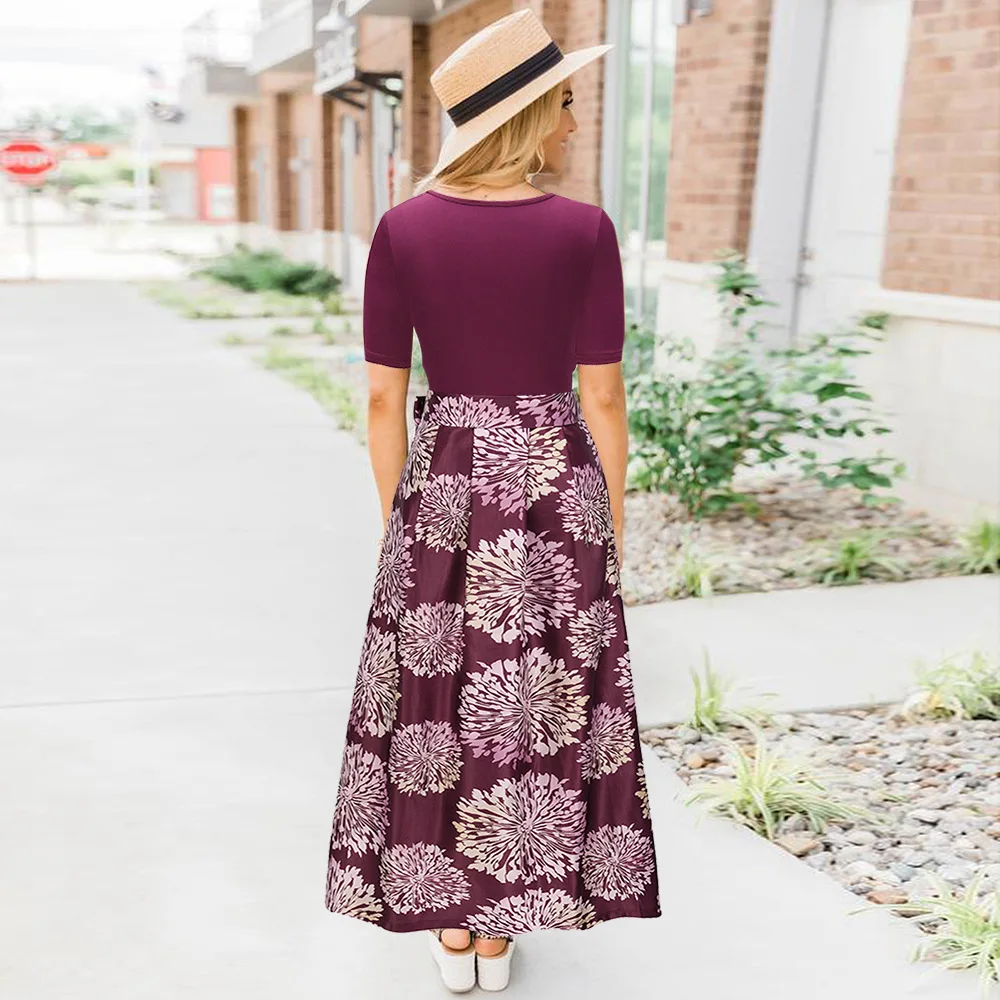 

Red Fashion V-neck Short Sleeve Printing Dresses High Waist Bow Bandage A-line Dress Office Lady Slimming Women Clothes 3 Colors