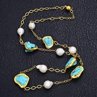 32 white keshi pearl blue turquoise stone yellow golden plated long necklace