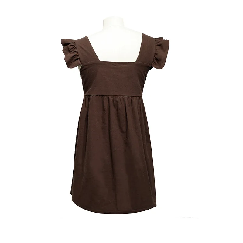 

AL 2021 Summer Fashion Leisure Square Collar Butterfly Sleeve Mini Sweet Woman Bare Back High Waist Loose Solid Linen Dress