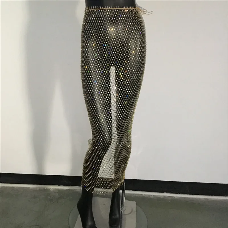 Юбка Женская длинная в сеточку прозрачная ажурная со стразами с завышенной