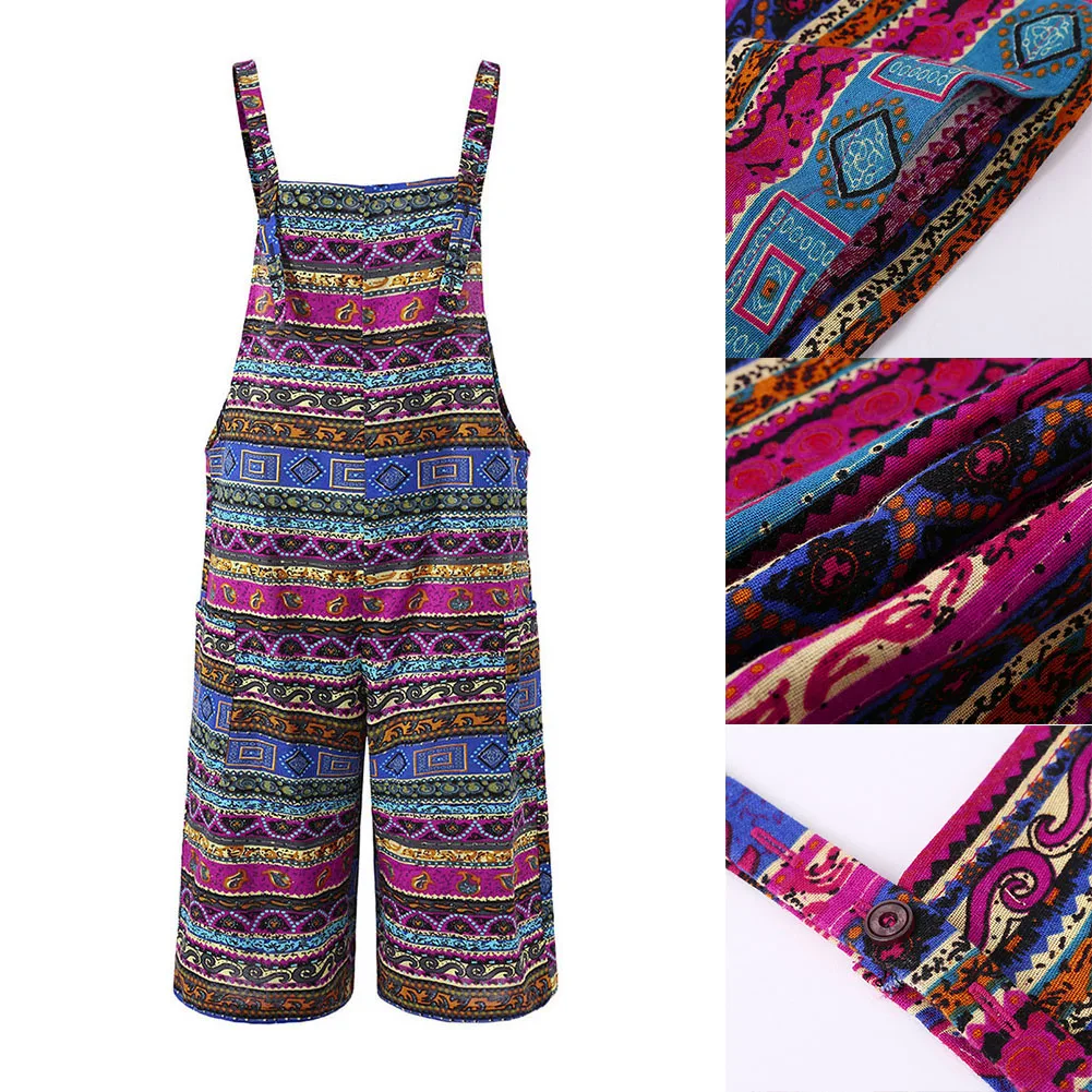 

Women Flower Print Loose Jumpsuits Rompers Women Retro Sleeveless Printed Pockets Bib Overall Jumpsuit Wide Leg Capri Pants 2020