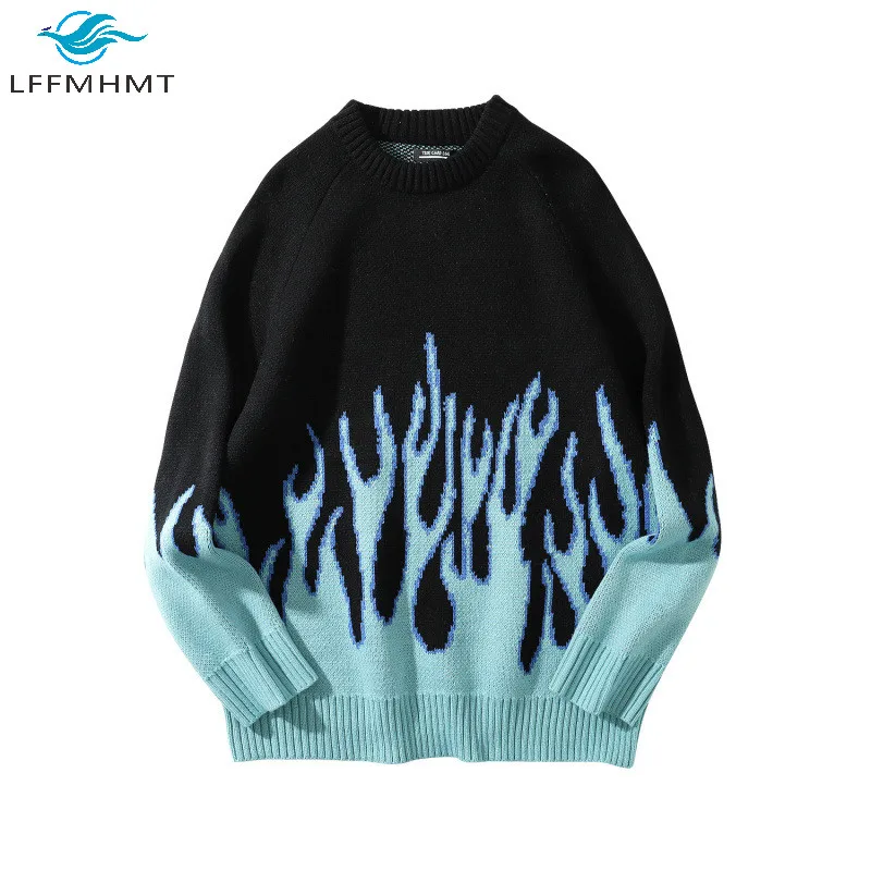

Men Winter Korean Fashion Loose Couple Sweaters Flame Knitting Ins Folk Tide Men Hip Hop High Street O-neck Pullover Streetwear