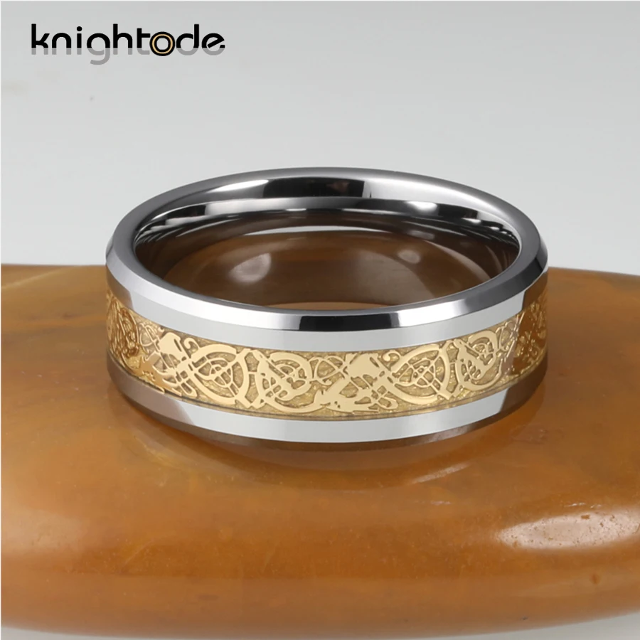 Обручальные кольца из карбида вольфрама 8 мм с золотым Драконом и метеоритом
