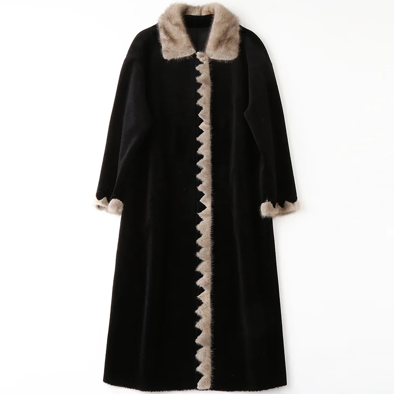 Fashion Mink Collar Coat Sheepskin Black Winter Luxury Long Loose Thick Warm Real Fur Office Wool Overcoat High Quality Outwear