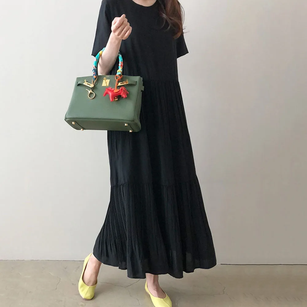 

Black Women Casual Long Maxi Dress Japan Young Girl Pullover Loose Office Lady Pleated Design Korean Chiffon Summer Dresses New