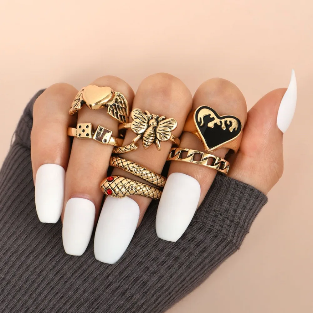 

6pcs/set New Exaggerated Snake Shaped Dice Ring Fashion Ersonalized Oil Drop Butterfly Ring for Women Party Jewelry Accessories