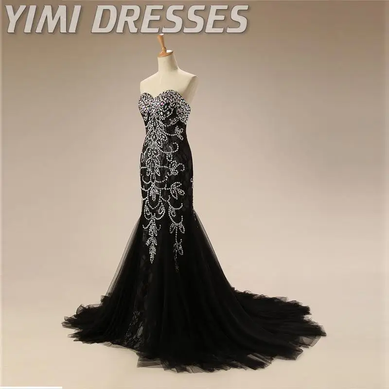 Роскошные бисерные черные вечерние платья длинное торжественное платье женское