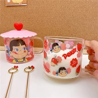 ins kawaii strawberry glass mug coffee cup lovely milk cartoon heat resistant breakfast cups girl drinking cup with lid spoon
