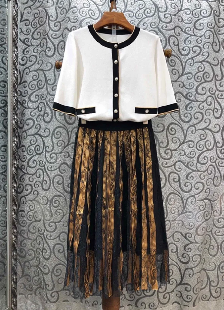 

High Quality Designer Clothing 2020 Spring Sweater Suit Women Cardigan Coats+Lace Patchwork Mid-Calf Vintage Skirt Sets 2pc
