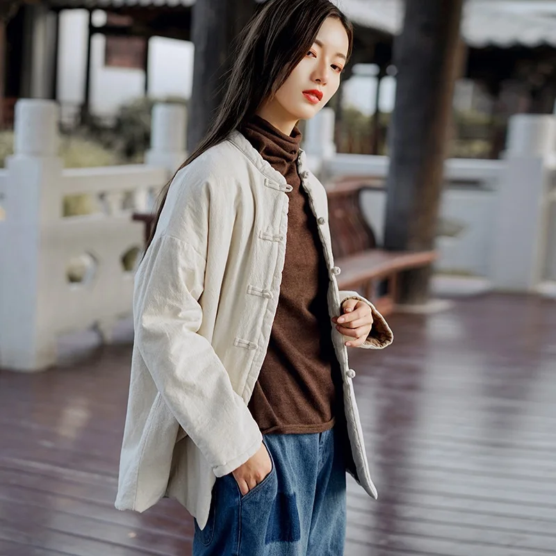 Черное теплое хлопковое пальто в китайском стиле ханьфу для женщин Осень-зима