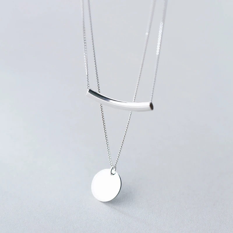

Double Layer Contracted Trendy 925 Sterling Silver Chain Necklace Geometric Round Pendant Necklace Fashion Women Jewelry