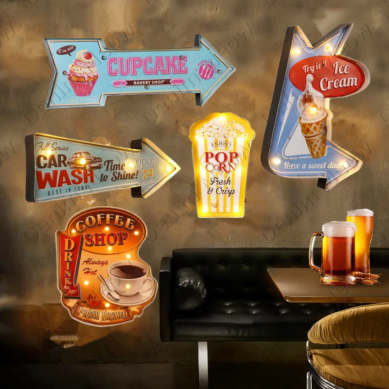 

American Retro LED Neon Light Sign, Vintage Metal Signs, Restaurant, Cafe, Garage, Shop Guide, Car Wash, Popcorn Plate, N382