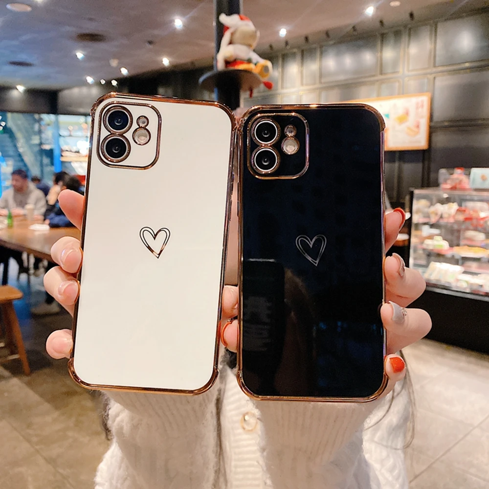 Fashion Electroplated love heart Phone Case For iPhone 12 Mini 11 Pro XR X XS Max 7 8 Plus SE2 Shockproof Soft Protection Cover