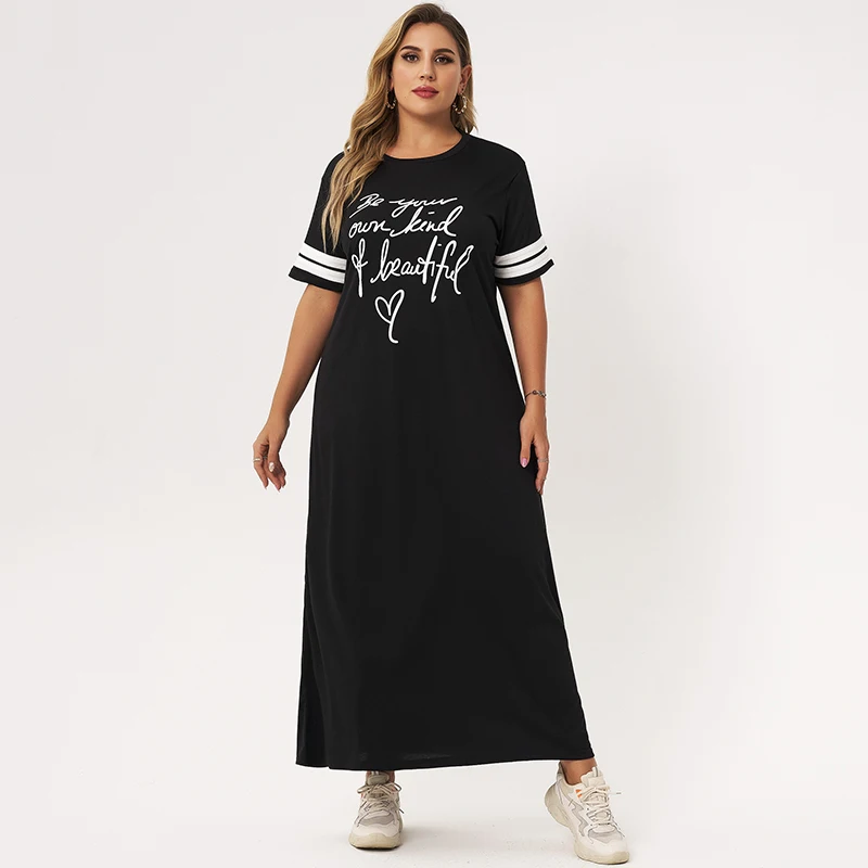 

2022 New Summer Dress Women Plus Size Black O-neck Letter Printing Stripe splicing Short Sleeves Loose Casual Youth Maxi Dresses