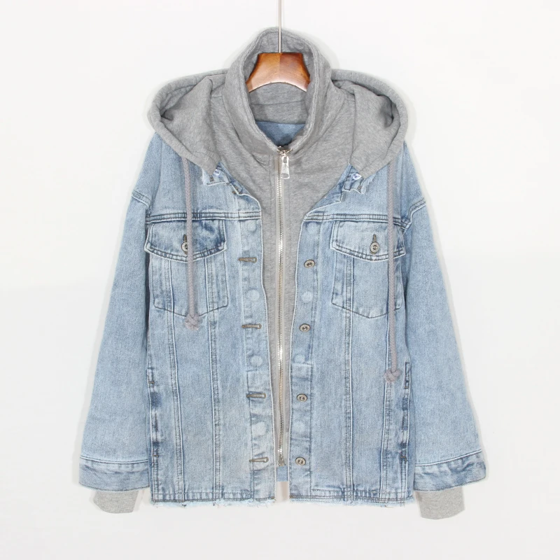 

Осенняя корейская модная Съемная джинсовая куртка с капюшоном, Женская винтажная стеганая джинсовая куртка с длинным рукавом, свободная же...