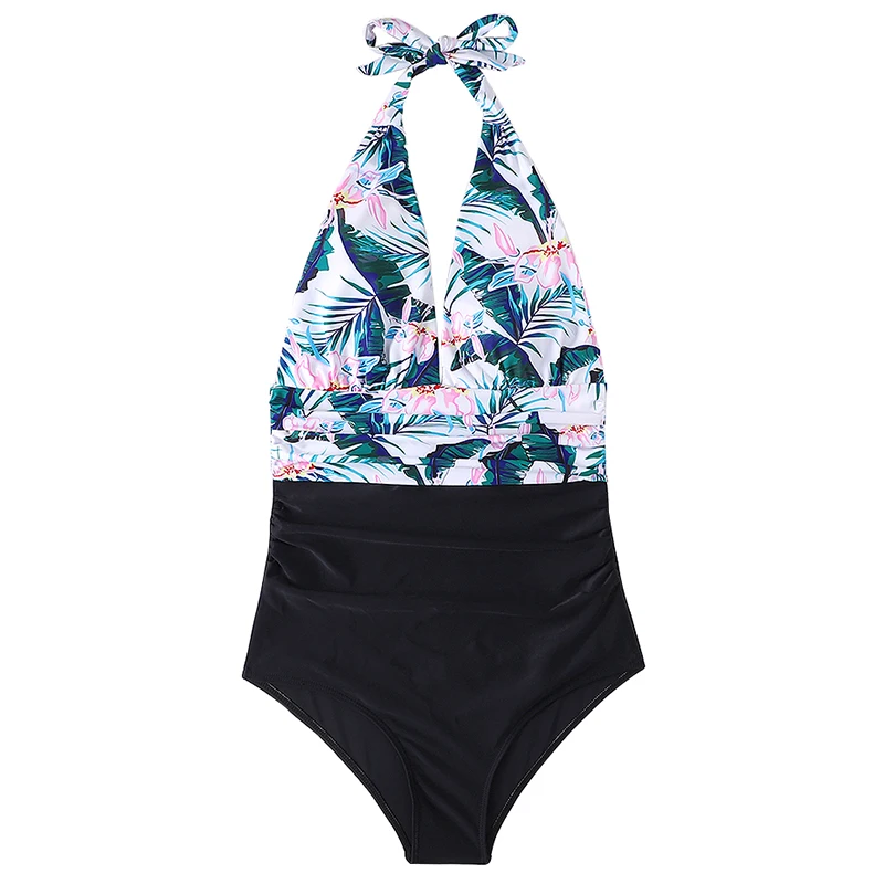 

Floral Sexy Plunge Deep V Neck Push Up Swimsuit Women One-Piece Swimwear Ruched High Waisted Monokini Open Back Swim Suit 2XL