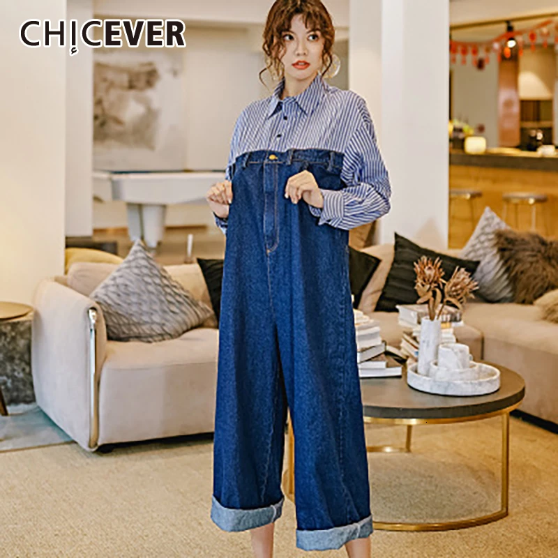 Женский джинсовый комбинезон CHICEVER Свободный в полоску с длинными рукавами и