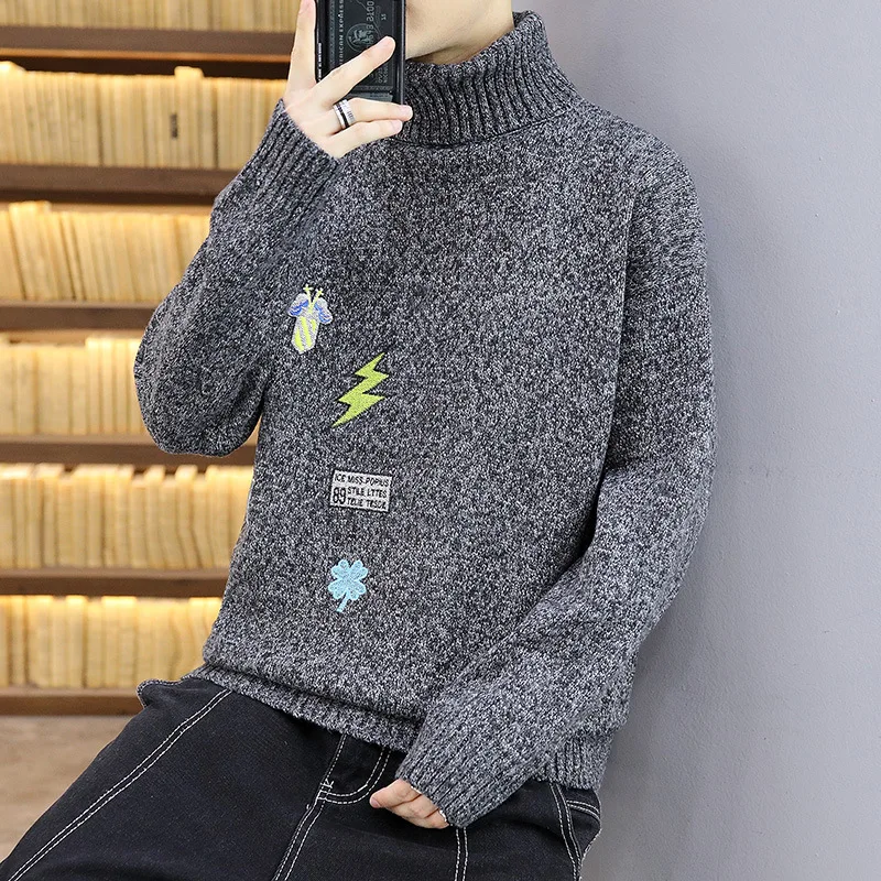

Soft and Warm New Embroidered High Neck Sweater For Young Men Plus Long Sleeved Loose Sweater for Versatile Knitwear For Men