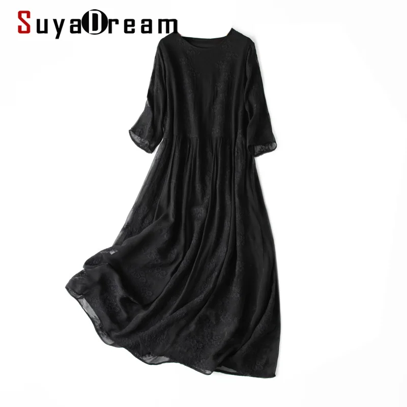 

SuyaDream Woman Long Dress 100%Silk Embroidery 3/4 Sleeves A-Line Black Dresses 2021 Spring Summer Elegant Dresses