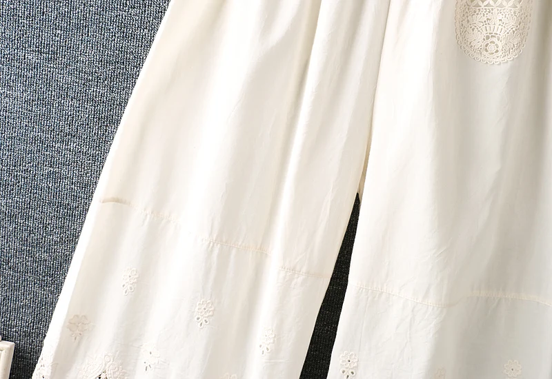 

New Summer Women Solid Color Pants Japan Style Mori Girl Elastic Waist Embroidery Loose Cotton and linen wide-leg pants