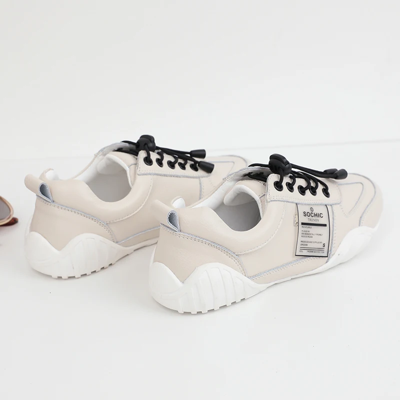 

MALEMONKEY 932547 Beige White Ladies Sneakers Lace Up Shoes Women Flat 2020 Leather Upper Fashion Casual Jobs Women Sneakers