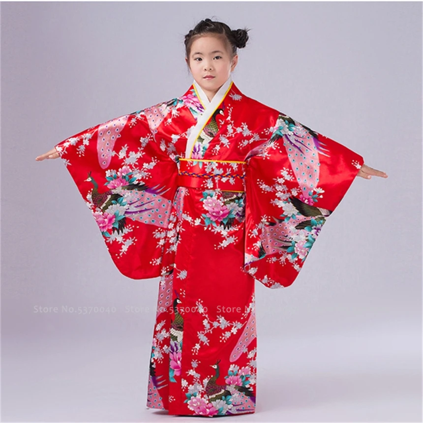 

Traditional Japanese Kimono Girl Formal Party Dress National Print Sakura Blossoms Yukata Robes Kids Aodai Haori Cosplay Costume