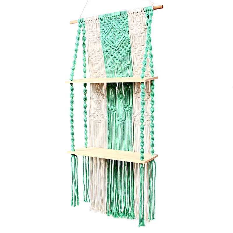 

Macrame Wall Hanging Shelf Plants Storage Bookshelf Boho Floating Indoor Shelving for Bedroom Kitchen Bathroom 2 Tier