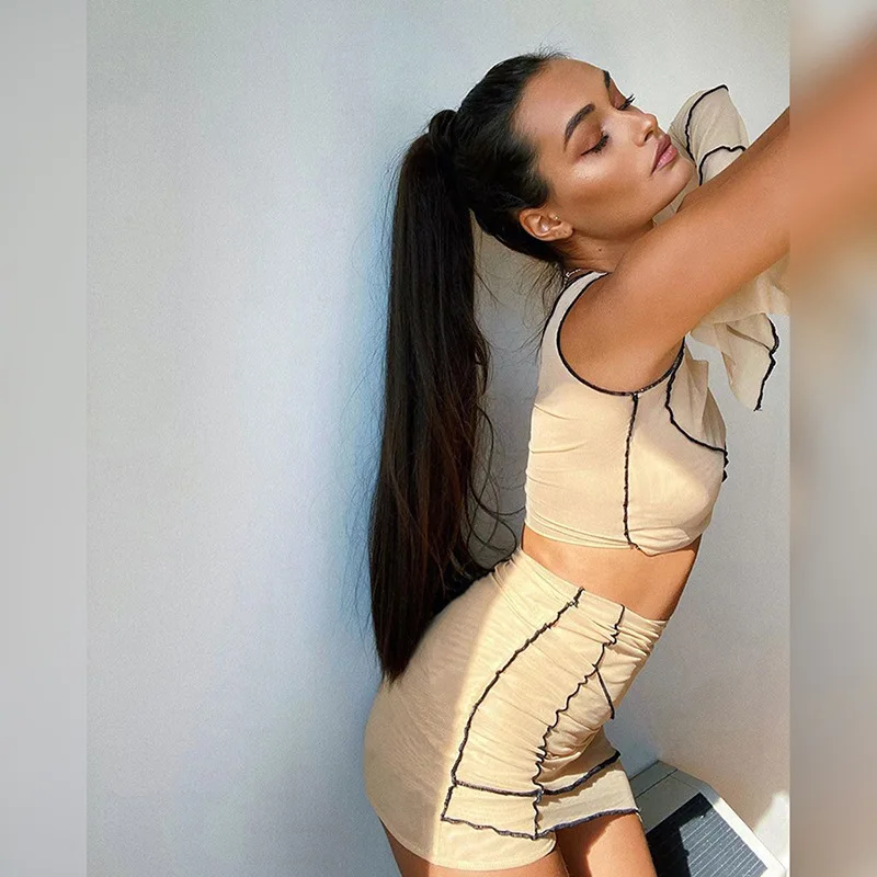 

Imcute Sexy Sheer Mesh Top and Midi Skirts Women Fashion Outfit Spring Summer 2021 Long Sleeve Two Piece Club Party Matching Set