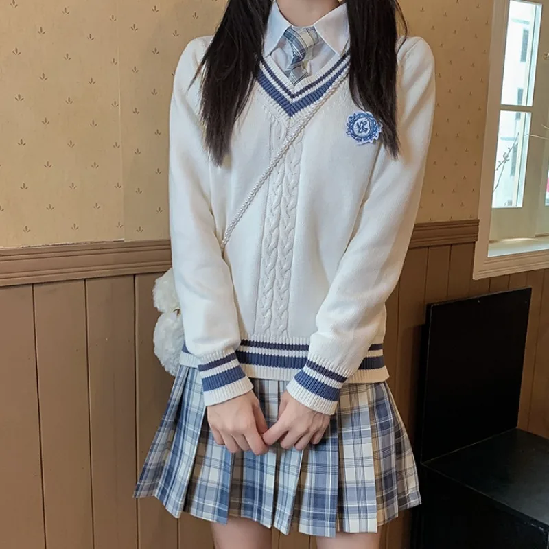 Spring Autumn JK Uniform Japanese College Style Students Vest School Girl Long Sleeve V-neck Knitted Sweater Pullovers | Тематическая