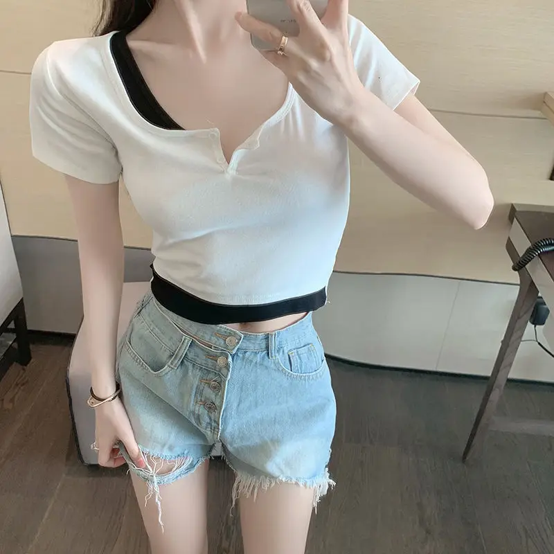 

~Design of short open navel fake two piece square collar top short sleeve t-shirt female