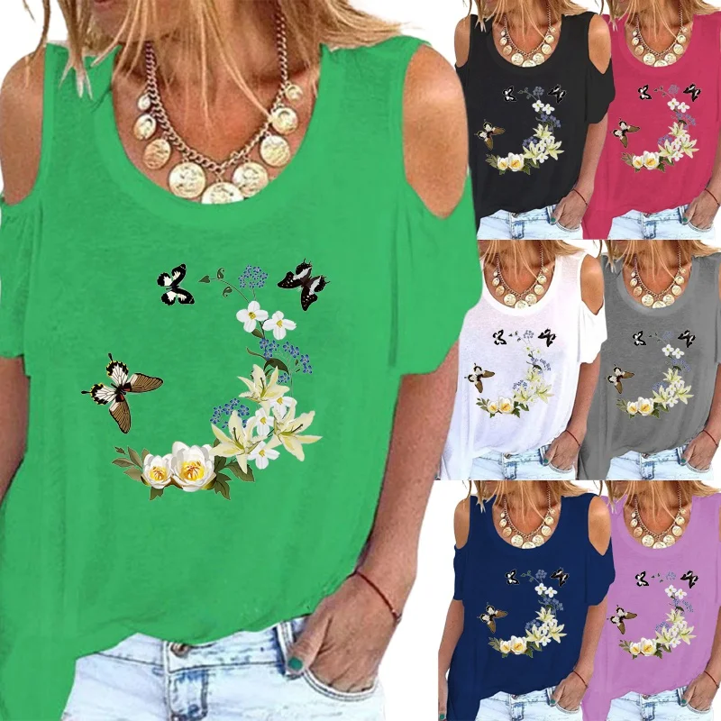 

Summer Fashion Women Clothing Off Shoulder Round Neck Pullover Printing Shirt Graphic Tee Loose Casual Shirt Short Sleeve