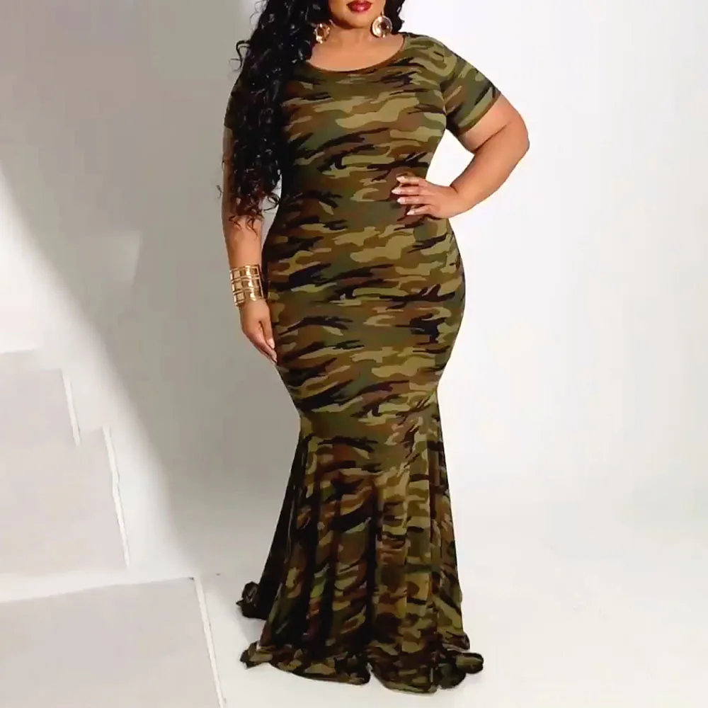 

Женское платье с юбкой-годе, повседневное камуфляжное платье с круглым вырезом, лето 2021