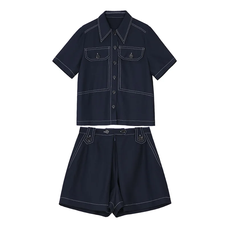 

2021 Summer Women 2 Pieces Sets Wide Leg Shorts Turn Down Collar Tops Solid Elegant Outfits Office Lady Casual Korean Clothes in