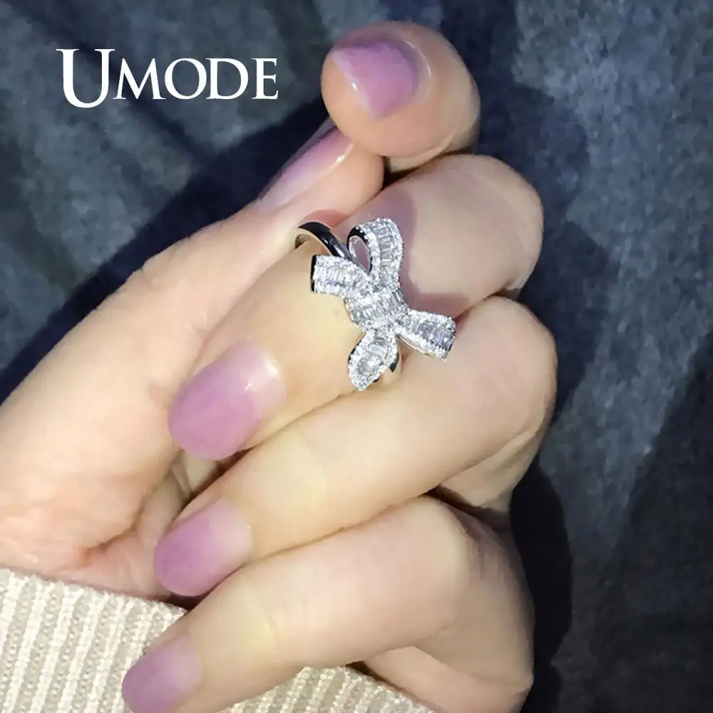 UMODE серебряное классическое кольцо для женщин и девочек, обручальные кольца, корейские ювелирные изделия, простое Кристальное циркониевое кольцо с бантом UR0522
