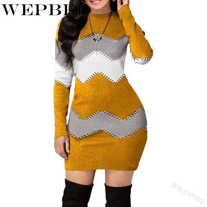 

WEPBEL Women Autumn Winter Long Sleeve O Neck Warm Patchwork Knitted Pullover Sweater Dress Ladies Slim Fit Knitwear Sweatshirt