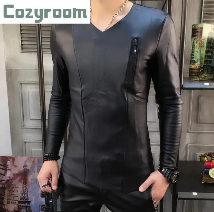

New Plus velvet thick Winter Korean tight t-shirt men's wave bottoming shirt Men zipper leather clothes male long sleeve Tops