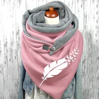 women winter thicken warm scarf with button clip vintage floral plaid feather printing soft wrap bib windproof shawl