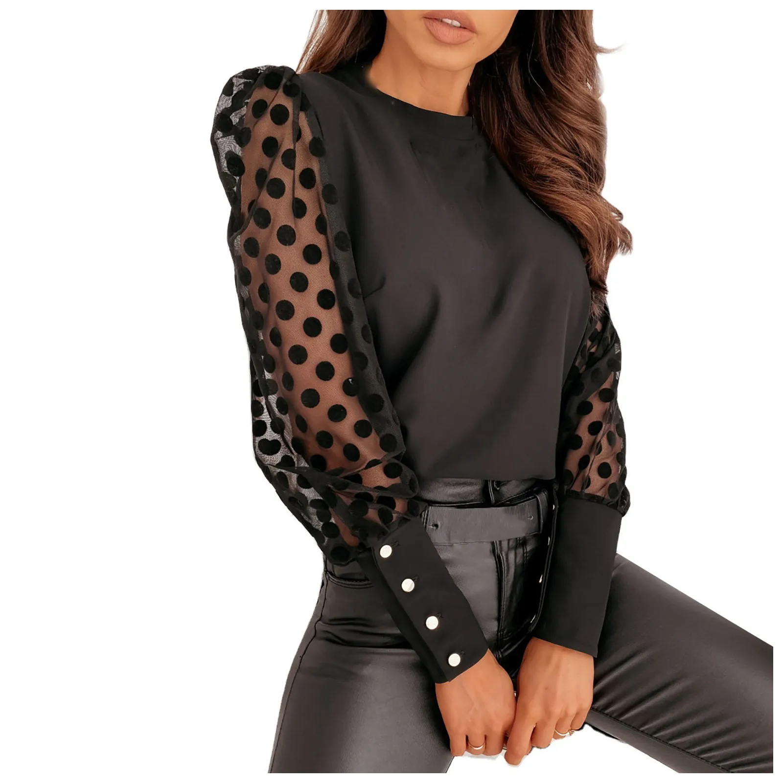 

Женская шифоновая Блузка в горошек, с круглым вырезом и длинными рукавами-фонариками