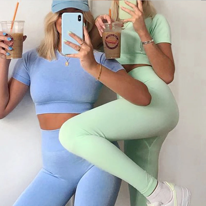 Бесшовный Женский комплект для йоги спортивные Леггинсы с высокой талией одежда