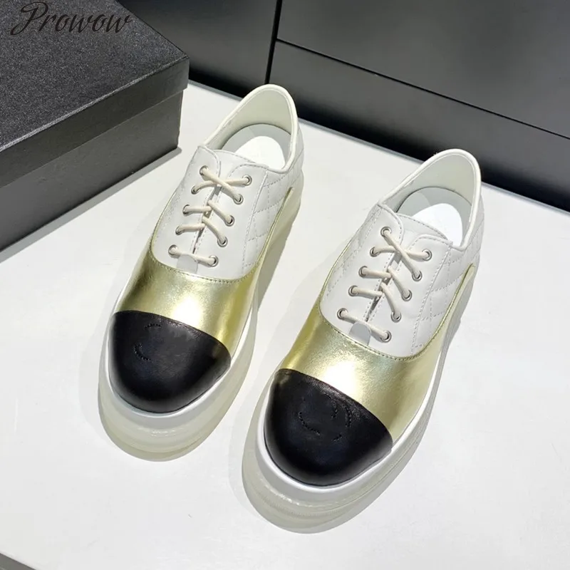 

Prowow Round Toe Thick Bottom Women Sneakers Luxury Brand Pumps Shoes Mixed Color Genuine Leatehr Women Shoes Fashion Shoes