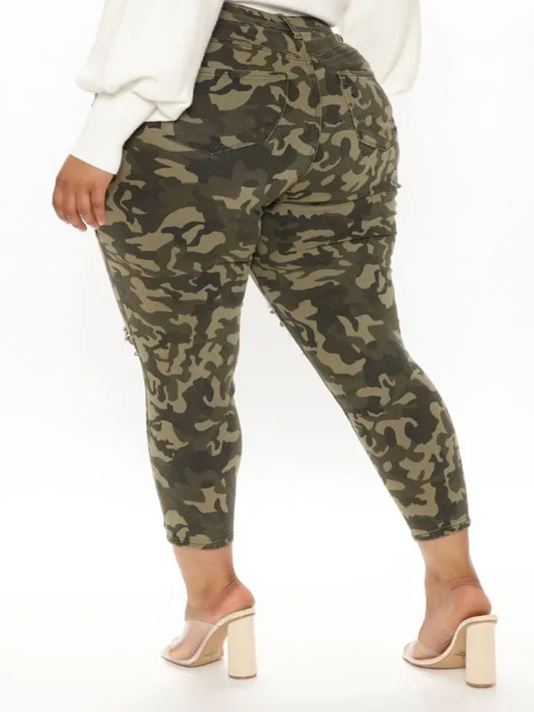 

Women Jeans Slim High Waist Ripped Camouflage Plus Size Jeans Women