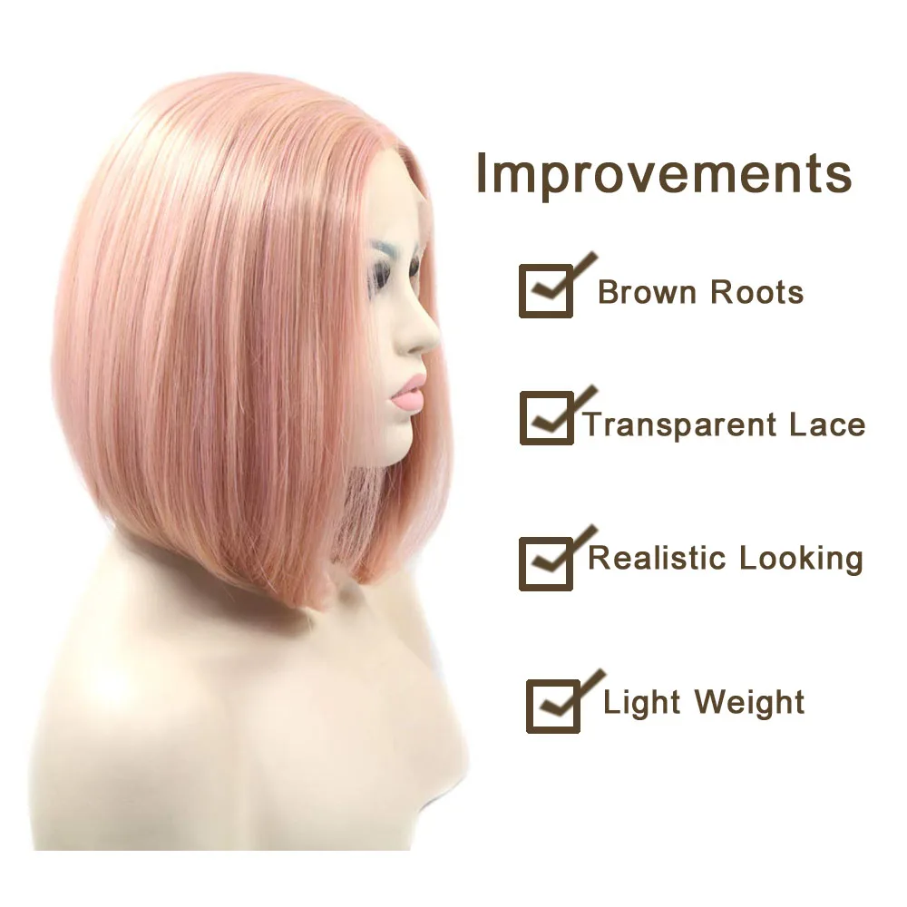Персиковый розовый короткий боб синтетический парик фронта шнурка оранжевый для