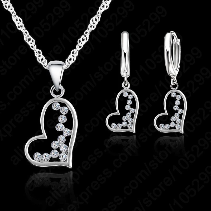 

925 Sterling Silver Jewelry Sets for Women Wedding Anniversary Clear Austrian Crystal Heart Pendant Necklace Earrings