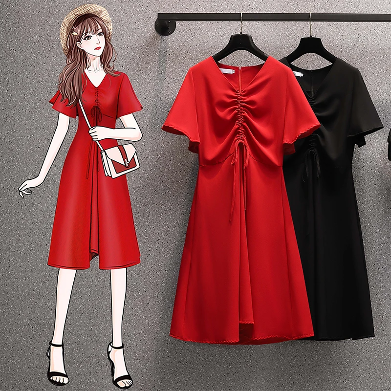 

EHQAXIN Summer Fashion New Women's Korean V-Neck Drawstring Dress Loose Short Sleeve Casual Pure Color Long Skirt L-4XL